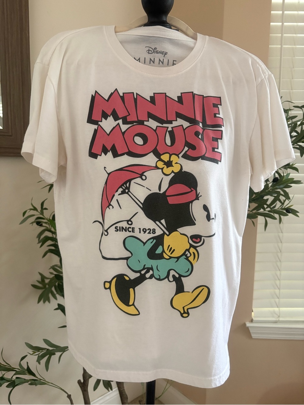 Disney White Minnie Mouse Graphic Tee with Pink Logo and Multicolor Print
